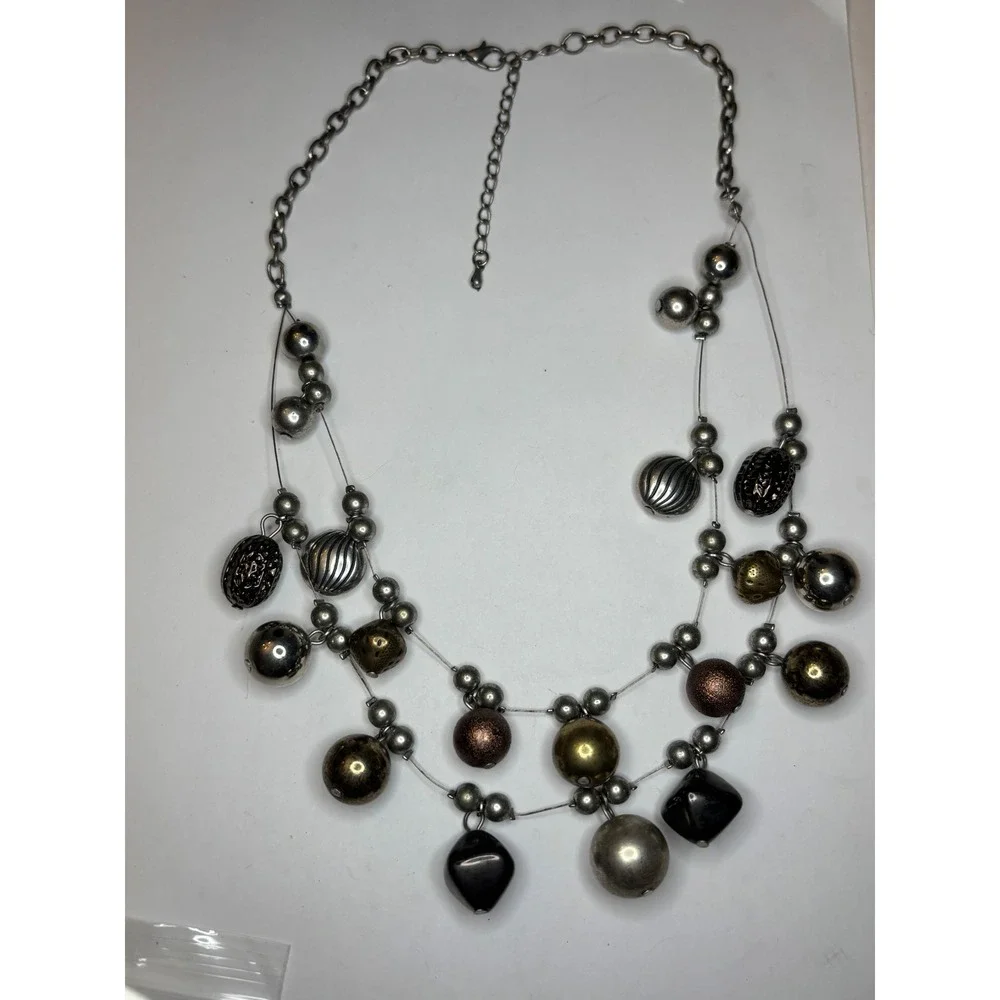 Mixed Metal Multi Strand Bib Necklace Silver Gold Bronze Beaded Statement 20